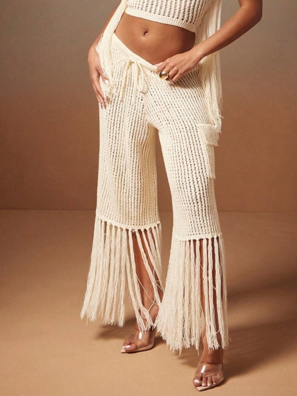 Beige Boho Women's Cargo Pants with Tie Front, Fringe